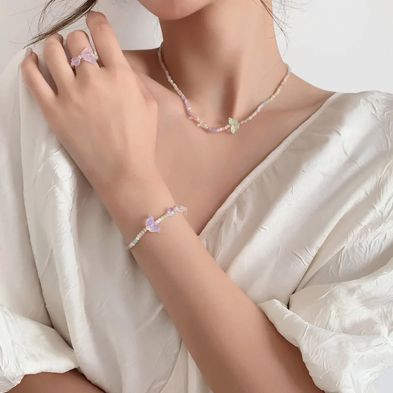 

2021 NEW Korean INS Trendy Transparent Bead butterfly Colorful Resin Necklace for Women Girls Party Sweet summer Jewelry