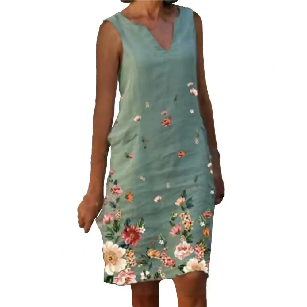 

Summer Dress Women Dresses Bohemian Summer Women Dress V Neck Floral Print Sleeveless Loose Knee-length Dress Vintage robe femme