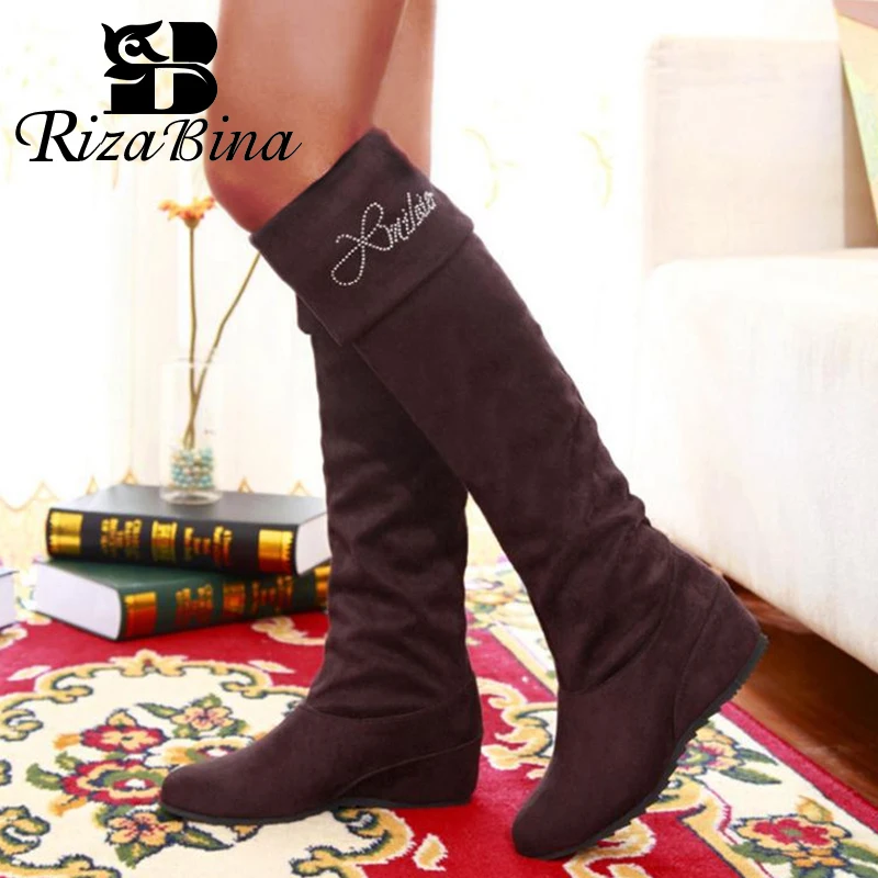 RIZABINA/женские сапоги до бедра женская обувь модные высокие на танкетке с Плюшевым