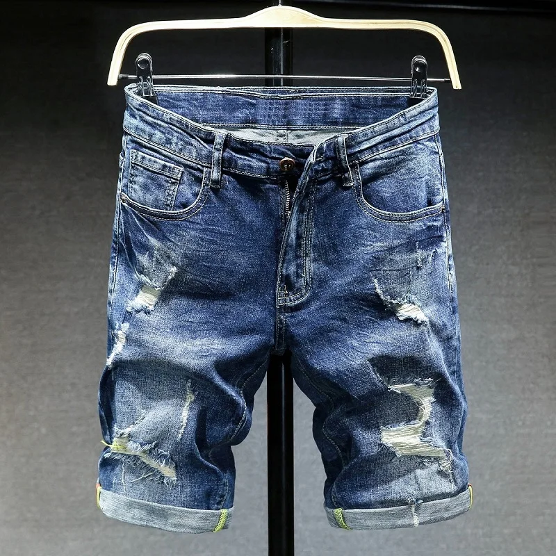 Новые летние мужские джинсовые шорты с дырками высококачественные Стрейчевые