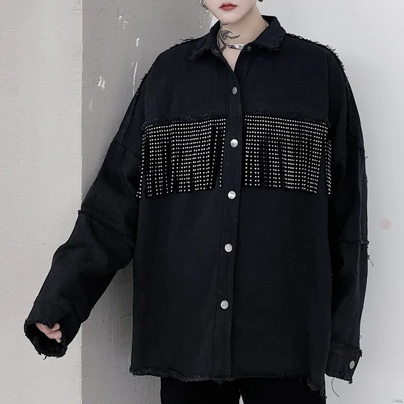 

New Fashion Mens Autumn Beading Tassels Denim Jacket Single Breasted Loose Fit Casual Streetwear Top Hip Hop Man Outerwear Coat