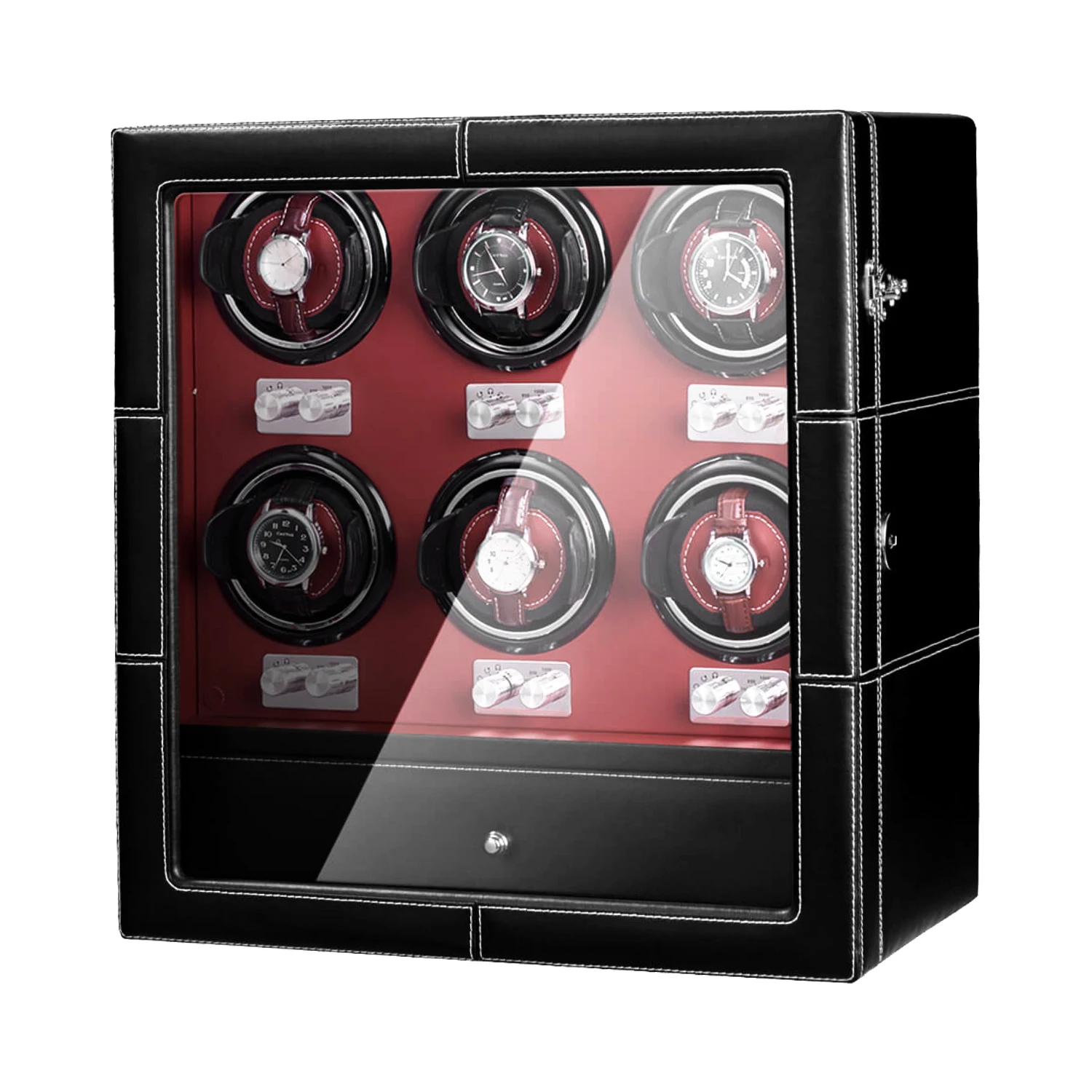 

10 Modes AAA Quality Microfiber Black Watch Winder Quiet Motors 6+6 Storage For Maserati Red PU Leather Interior AC Adapter