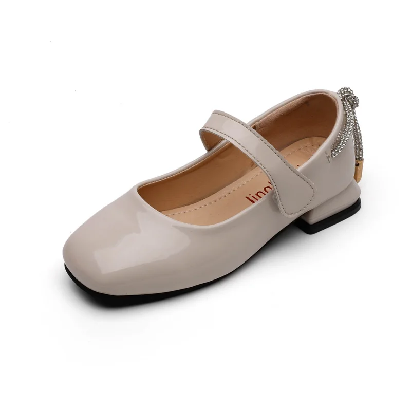 

Chic Girls Leather Shoes High Heels Children Formal Shoes Bow-knot on The Back Beige Black Kids Dress Shoes for Wedding Party