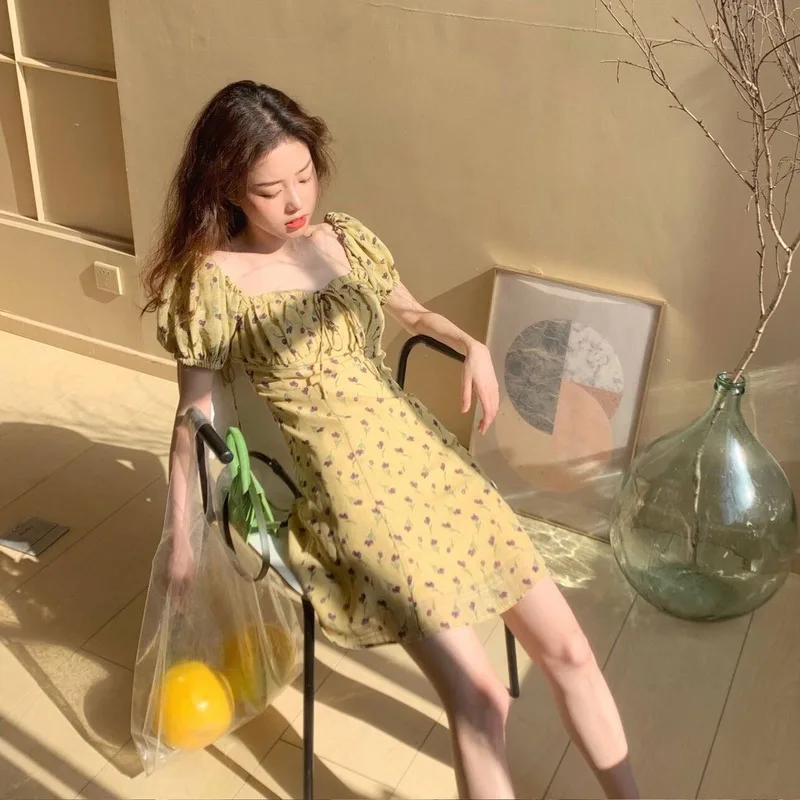 Желтое хлопковое мини платье с цветочным принтом короткое для подиума корейский