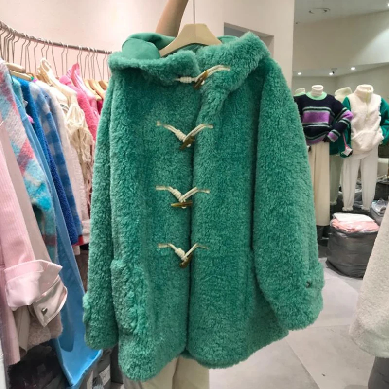 

Женское шерстяное пальто с капюшоном, толстое пальто в Корейском стиле Dongdaemun, новинка сезона осень-зима 2021, шерстяное пальто на пуговицах