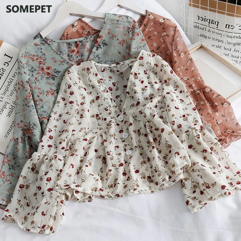 

Women's V Neck Fashion Floral Print Chiffon Blouses Sweet Small Fresh Long Sleeves Chiffon Shirt Blouses