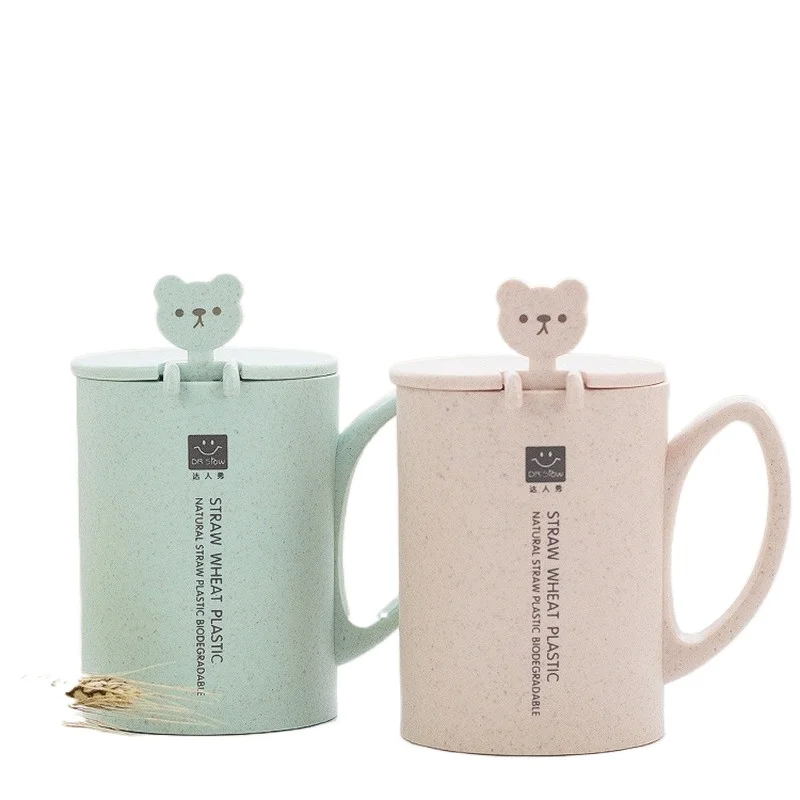 

Wheat Straw Children Mug Korean Cartoon Environmental Protection Water Cup with Lid and Spoon Breakfast Coffee Cup