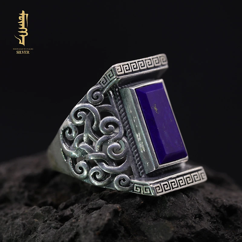 

Mengke Silver Jewelry Men's Pure Silver Ring Open Ethnic Style Single Index Finger Ring Natural Blue Gold Domineering Retro Coup