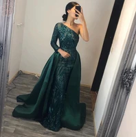 elegant evening dress 2021 new muslim long sleeves mermaid with detachable train sequin one shoulder prom party gowns