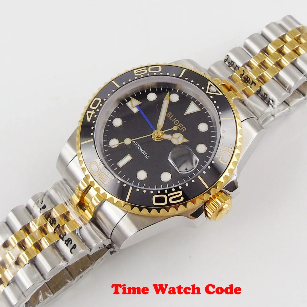 Мужской браслет BLIGER Design автоматический механический черный циферблат GMT Дата