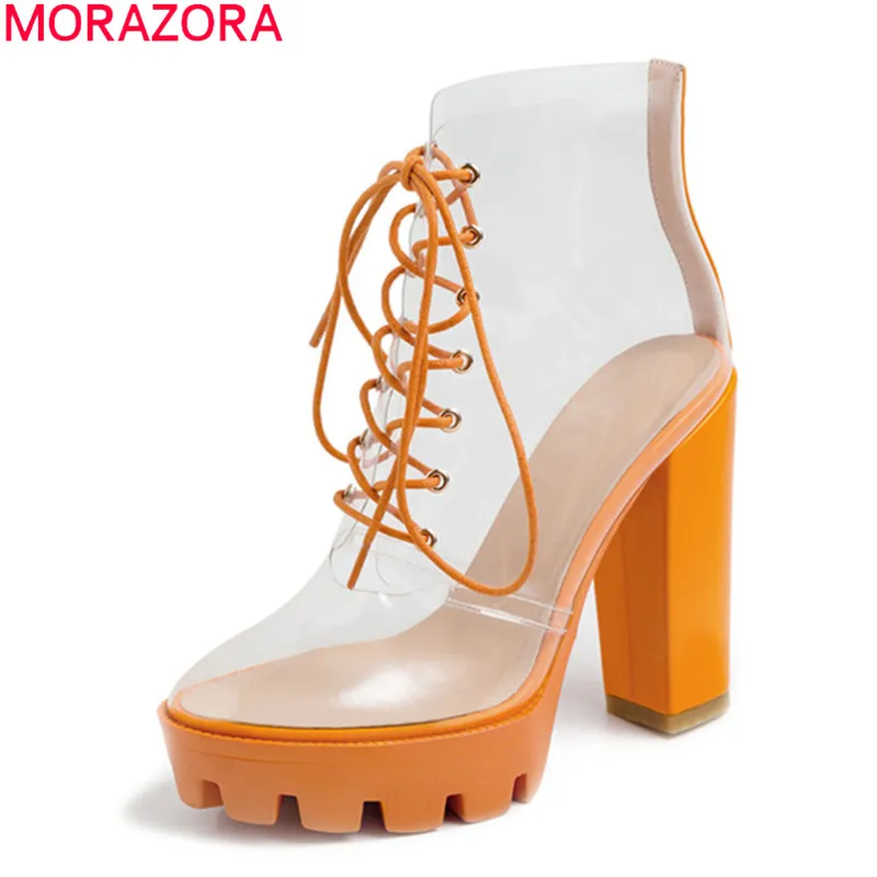 Женские ботильоны на платформе MORAZORA черные высоком прозрачном каблуке шнуровке
