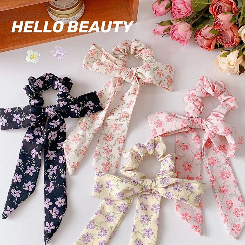 

Big Bow Hair Ring Accessories Korean Rope Elastic Vintage Pattern Knotted Ribbon Girl Hair Bands Bohemian Headwear