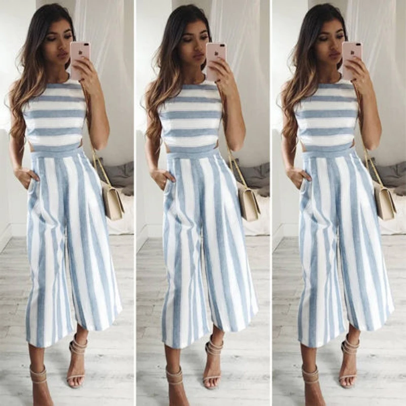 

Kayotuas Women Jumpsuit Clubwear Playsuit Striped Loose Casual Party Romper Chiffon Long Trouser Backless Cut Out Summer Leotard