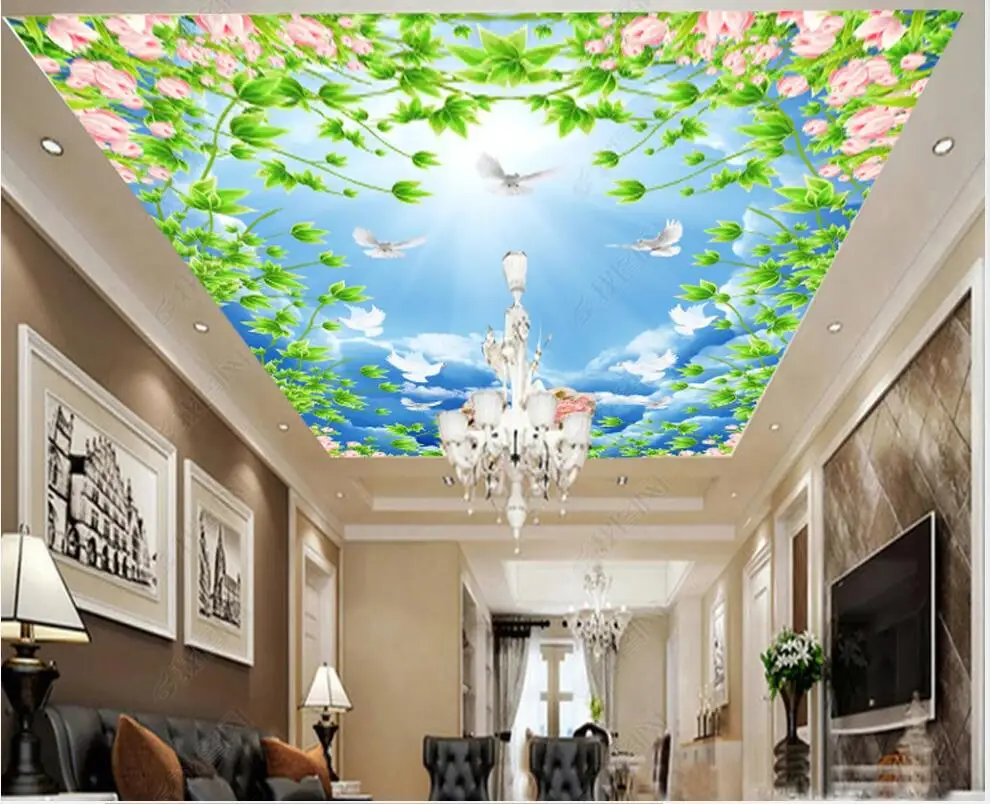 

Настенные 3D-обои для стен, потолочные фотообои с изображением синего неба, белых облаков, цветов, зеленых листьев в рулонах, домашний декор д...