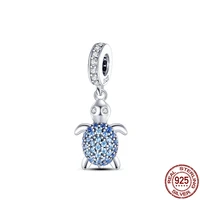 hot sale 925 sterling silver zircon inlaid blue turtle dangle charm beads fit original pandora bracelet pendant necklace jewelry