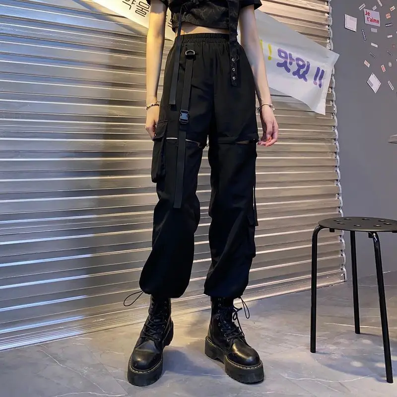 

Black Trousers For Women 2022 High Waist Korean Student Loose Thin Detachable Straight Leg Beam Tooling Sports Casual Pants