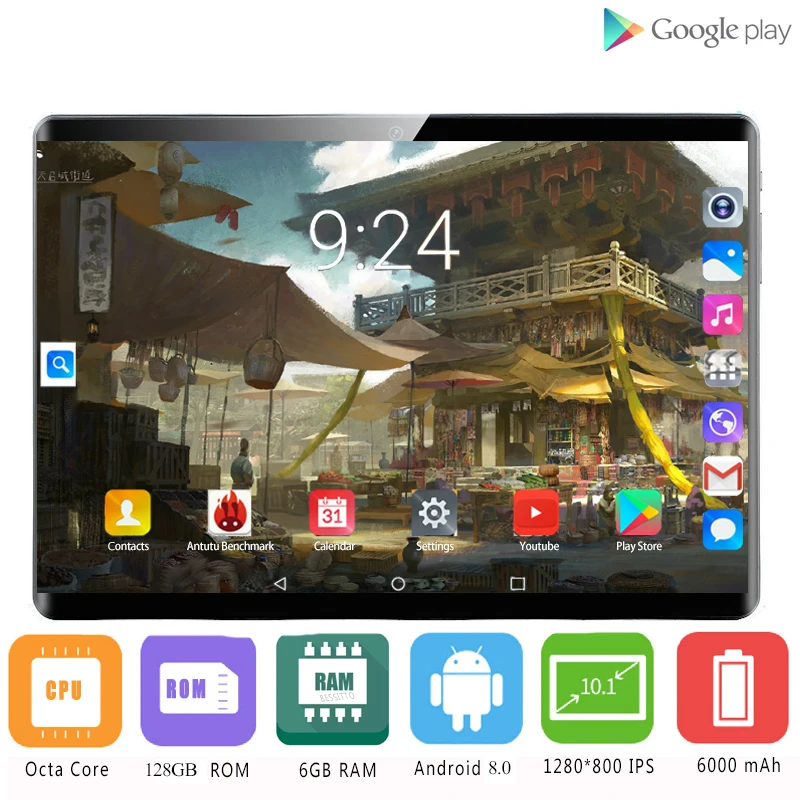 

2020 MT8752 10.1 inch Tablets Android 8.0 8 Core 6GB+128GB ROM Dual Camera 5MP SIM Tablet PC Wifi mirco Usb GPS bluetooth phone