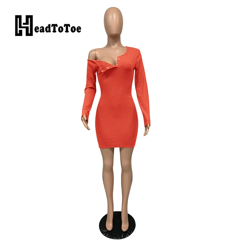 

Solid Button Sexy Fashion Dress for Woman Long Sleeve Off Shoulder Skew Neck Above Knee Skinny Slim Bodycon Dress