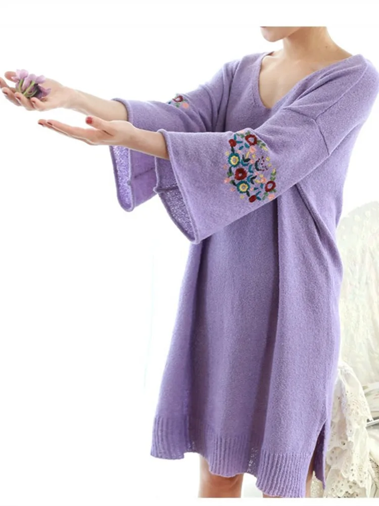 

Design Spring Original Autumn Women Ladies Mori Girl Sweet Elegant Flower Embroidery Violet Knitted Sweater Dress