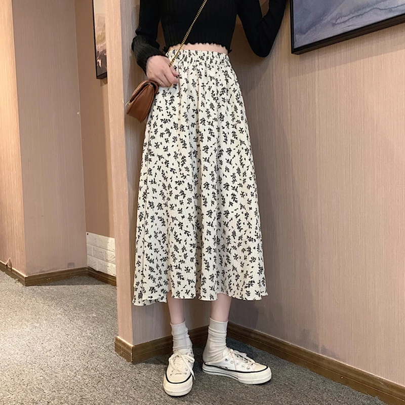 

Новинка 2021, весенне-осенняя юбка с цветочным принтом, юбка средней длины, шифоновая юбка А-силуэта с высокой талией, женская одежда