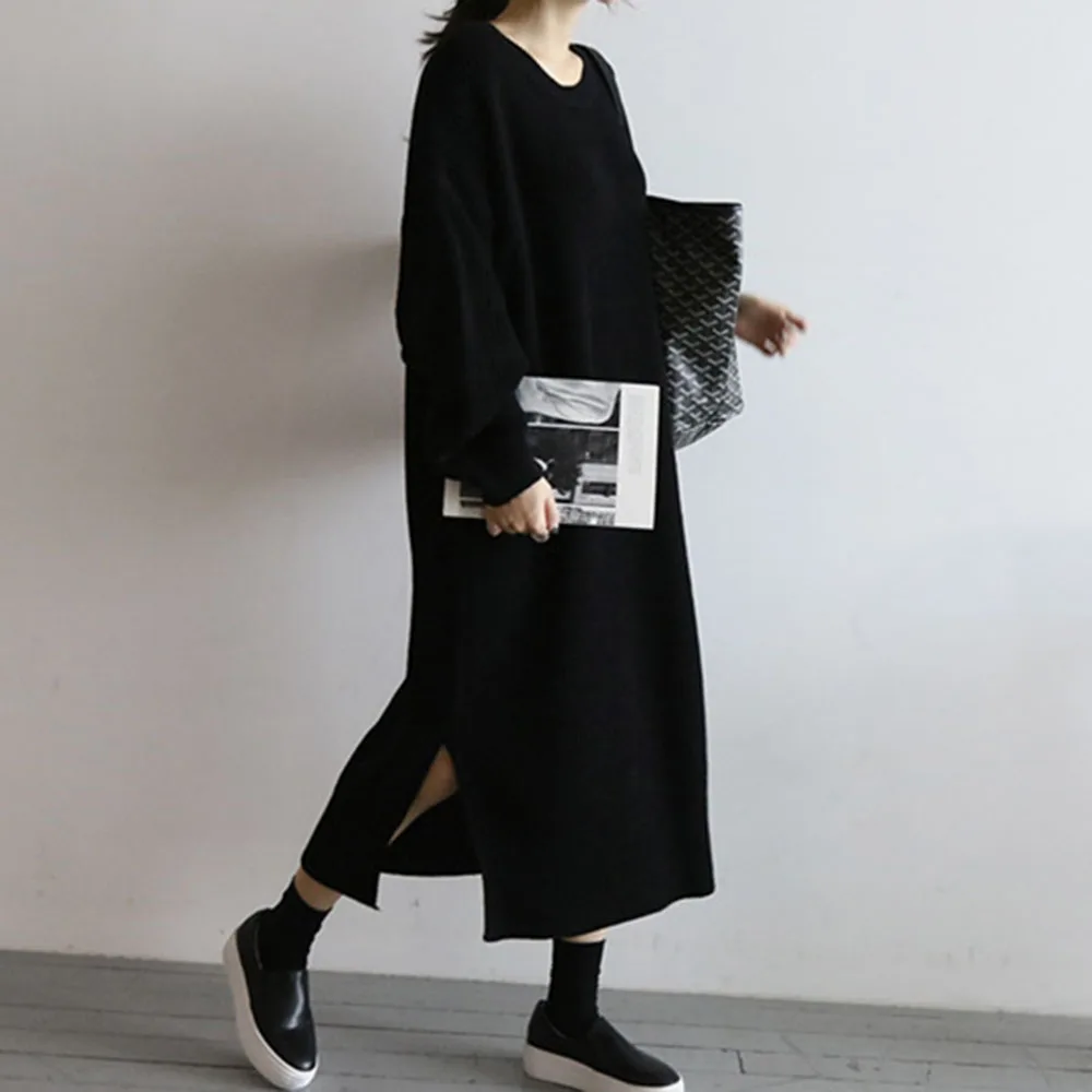 

Long Womens Knitting Dress 2021 Autumn Winter Solid Color Split Fork Loose Casual Round Neck Fashion Womens Sweater Dress