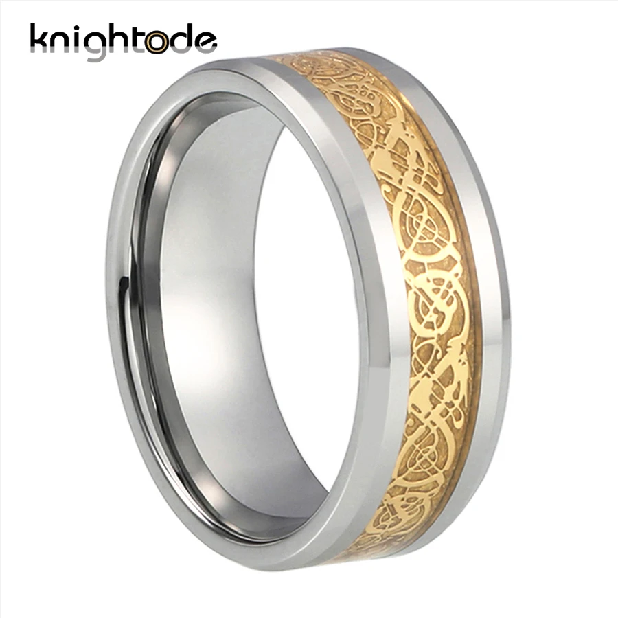 Обручальные кольца из карбида вольфрама 8 мм с золотым Драконом и метеоритом