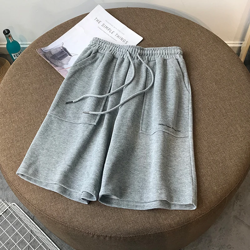 

Summer High Waist Wide Leg Short Pants Women black Knee Length Pants Drawstring Korean pure cotton Casual loose Holiday Trousers