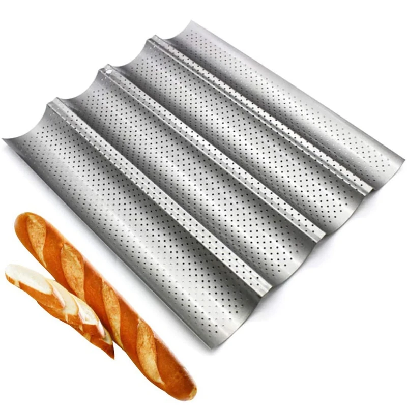 2-Piece French Bread Baking Pan Non-Stick Perforated Rectangular 4 Wave Wavy Leaf Mold |