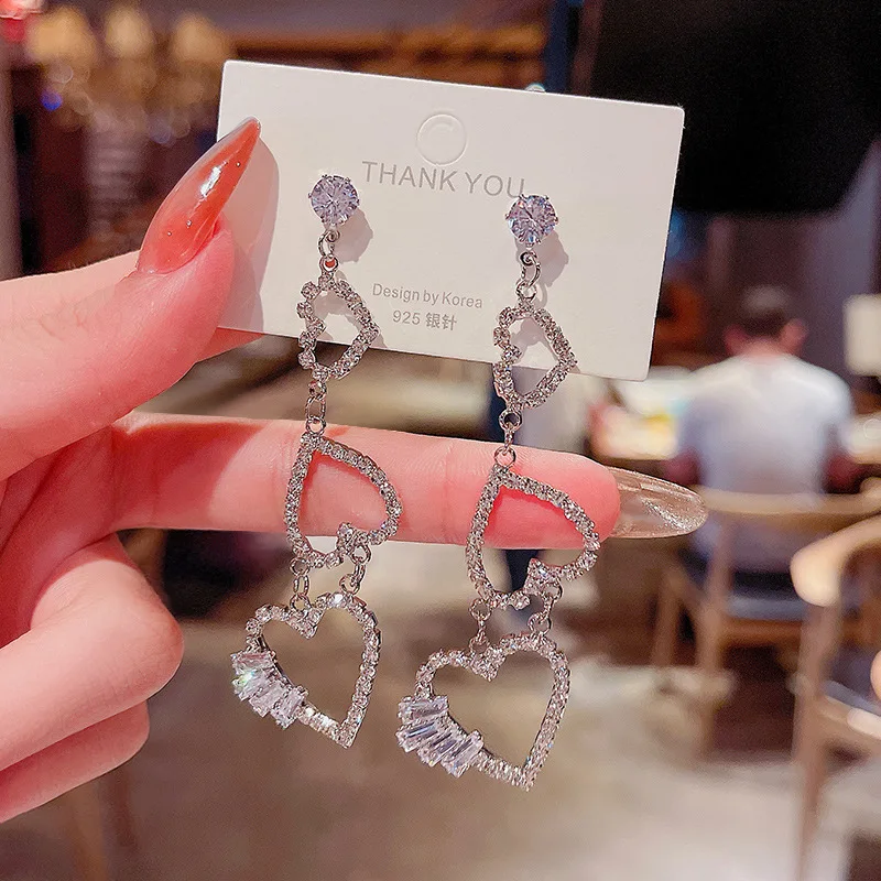 

S925 Silvers Needle Love Long Full Diamonds Tassel Earrings Female Gold Plated Jewellery Women Drop Shipping