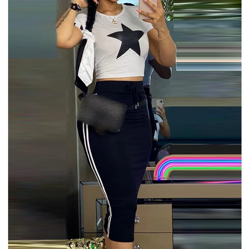 

Wepbel Printed Casual Tshirts Sets Pants 2 Piece Sets Outfits for Women Summer Tracksuits Skinny Pencil Pants Star Tshirt Tops