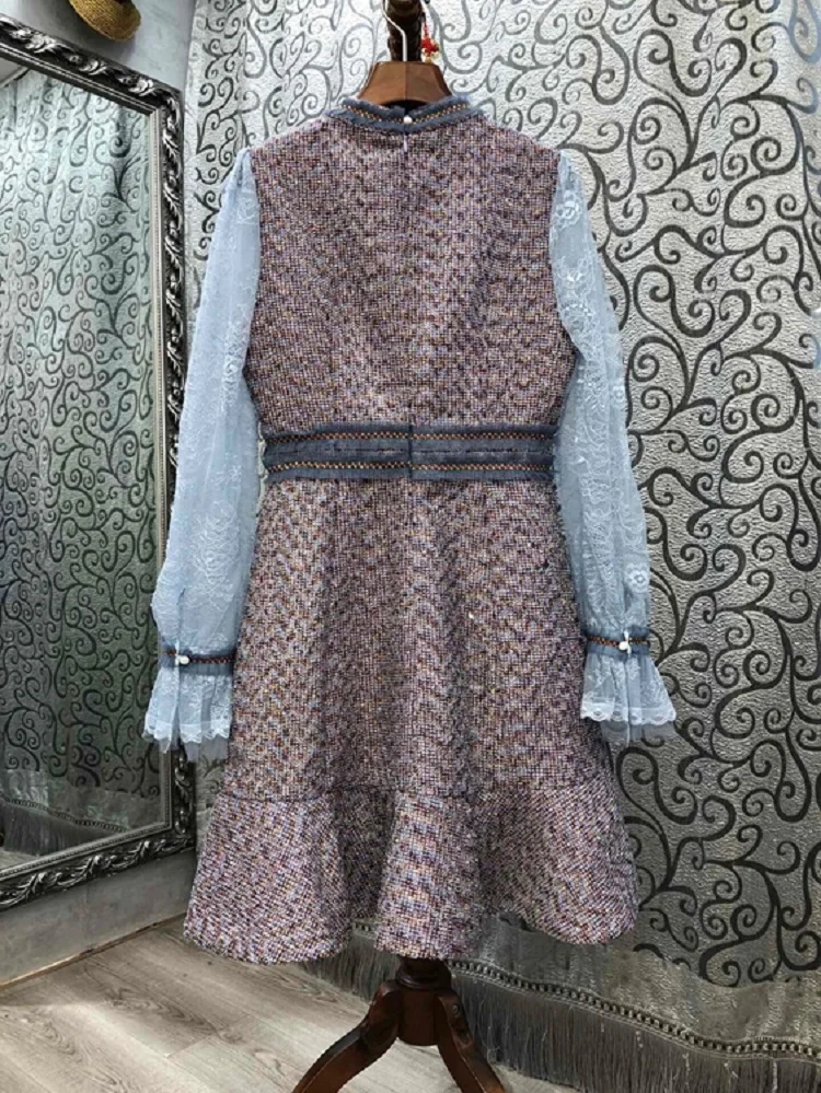 

New Arrival Runway Dress 2020 Autumn Women Stand Neck Blue Lace Patchwork Long Sleeve A-Line Vintage Party Wool Dress Clothing