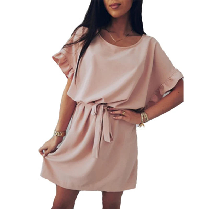 

2021 Spring Summer Sexy Dress Women Short Sleeve Round Neck Red Pink Khaki Ruffles Dress Robe Femme