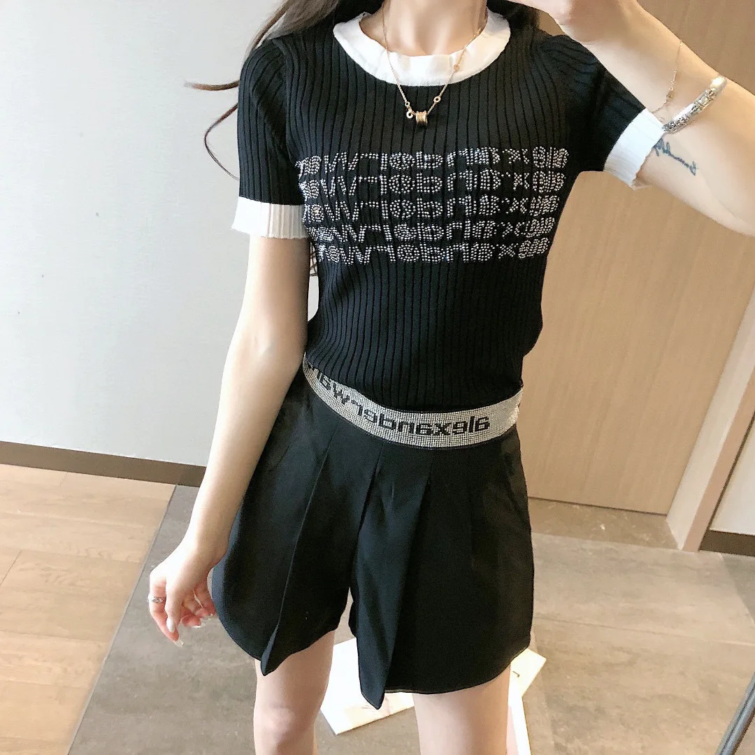 

ALEXANDER WANG letter logo hot diamond suit female bead ice silk knit short-sleeved high-waisted shorts two-piece trend