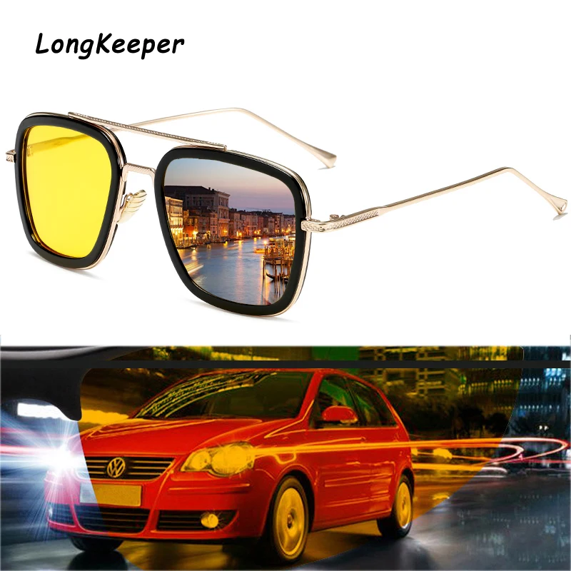 

LongKeeper Classic Night Vision Sun Glassses Men Tony Stark Iron Man Metal Goggle Women Driving Pilot Square Sunglasses UV400