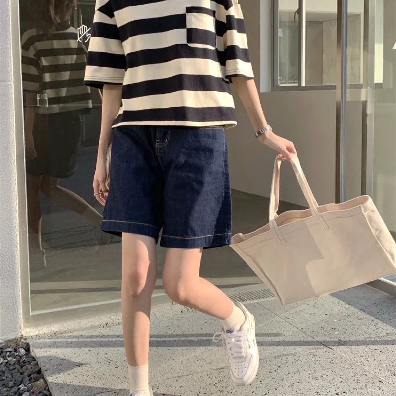 

Striped T-shirts for Women Summer New Fashion Casual Style Thin Tops Turn Down Collar Loose Harbour Wind Tees Korean All-match