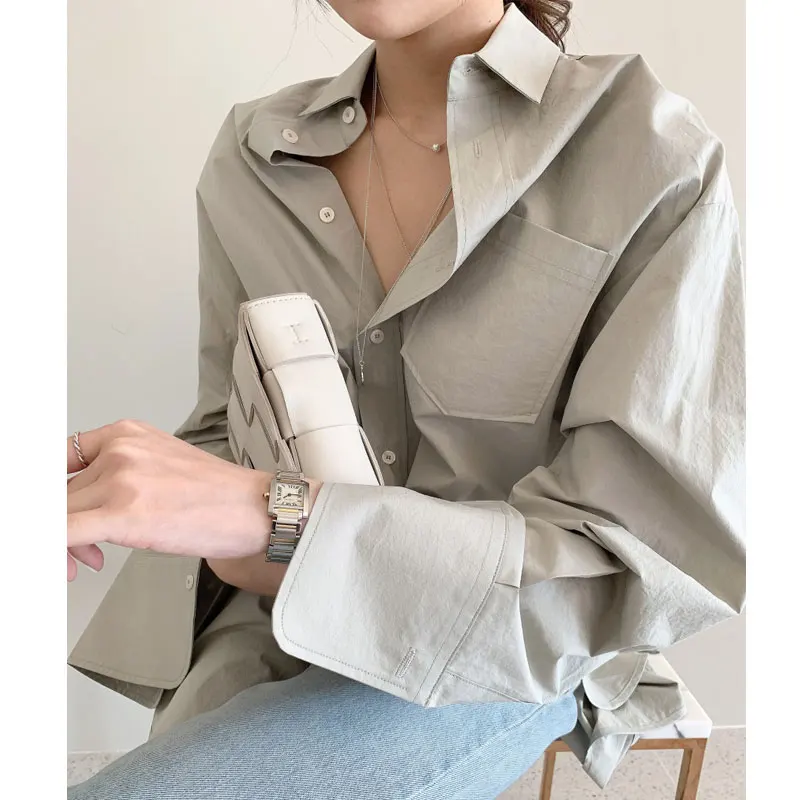 

back Split korean women blouse shirts chic flare sleeve shirt female fashion loose white top Dropshipping
