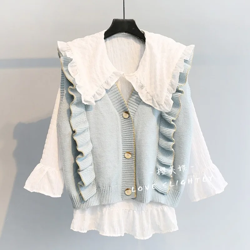 

2021 New Sweet Ruffles Sweater Women Cardigan Vest Spring Elegant Korean Lazy V Neck Loose Knitted Sweater Coat Casaco Feminino