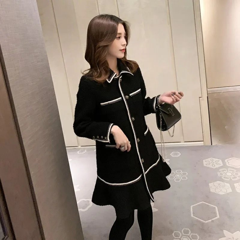 

Ladies Autumn Wool Blends Coat Ruffles Mid Long Elegant Womens Outerwear Loose Fit Single Breasted Fashion Abrigo Mujer Coats
