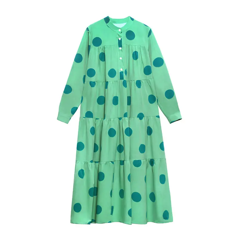 

XITAO Vintage Dot Print Casual Dress Women Tide Fashion New Style Stand Collar Long Sleeve Pullover Single Breasted LooseDZL2765