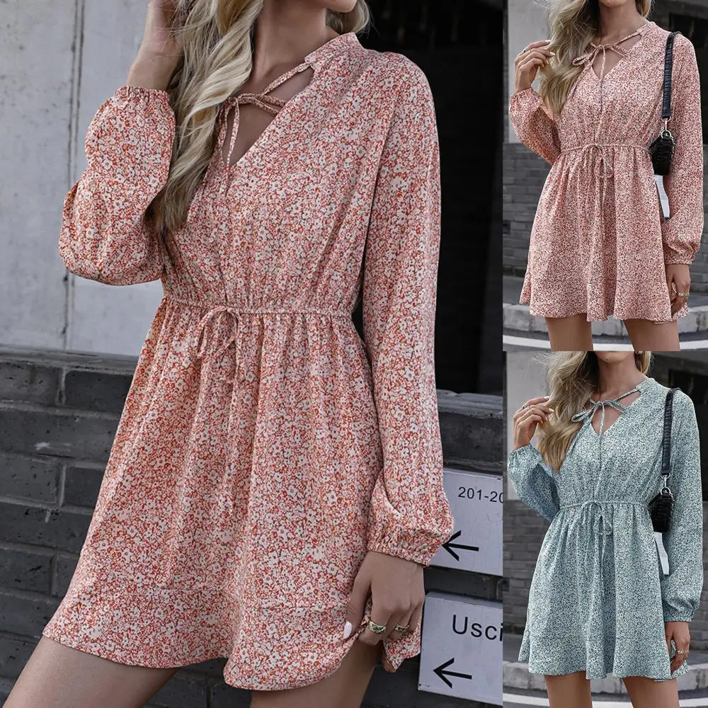 

Women V Neck Long Sleece Waist Drawstring Bandage Floral Print Party Dress woman sexy Street dress платье с цветочным рисунком
