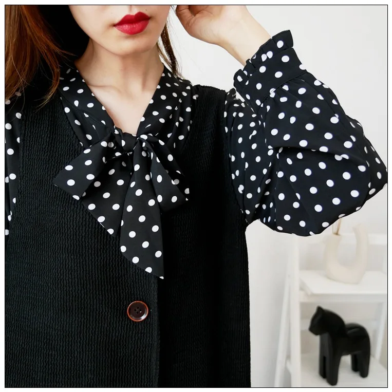 Женский костюм-двойка в горошек свободное шифоновое платье с длинным рукавом и