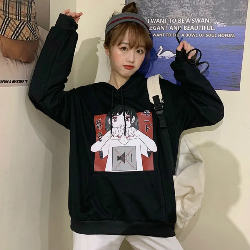 Ulzzang, японский принт с героями мультфильмов, Женская толстовка с капюшоном, новинка зимы, Harajuku, свободная, плюс бархат, толстая, Повседневная Женская толстовка