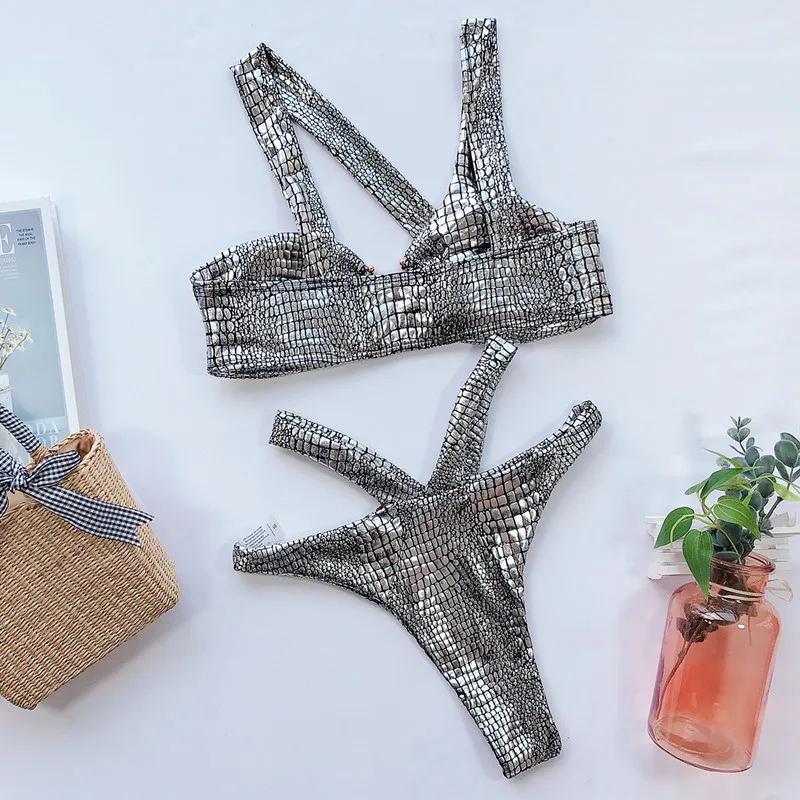 

Women Sexy Hollow Out High Leg Bikini Sets Gold Stamping Snakeskin Swimsuit Lady Summer Push Up Padded Swimwear Bathing Suits