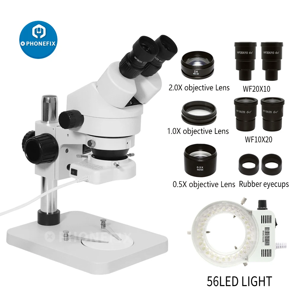 

3.5X-180X 7X-45X Continuous Zoom Binocular Stereo Microscope 0.5X 2X Auxiliary Objective Lens + WF20X For PCB Soldering Repair