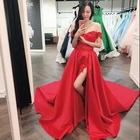 Атласные красные вечерние платья-трапеции больших размеров с открытыми плечами, 2021, сексуальные длинные вечерние наряды с Боковым Разрезом, платье до пола на заказ