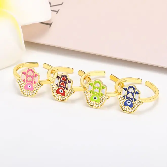 

Vintage Oil Dripping Hamesh Hamsa Hand Rings for Women Girls Gold Color Ring Amulet Fatima Palm Jewelry Gifts Wholesale 2021