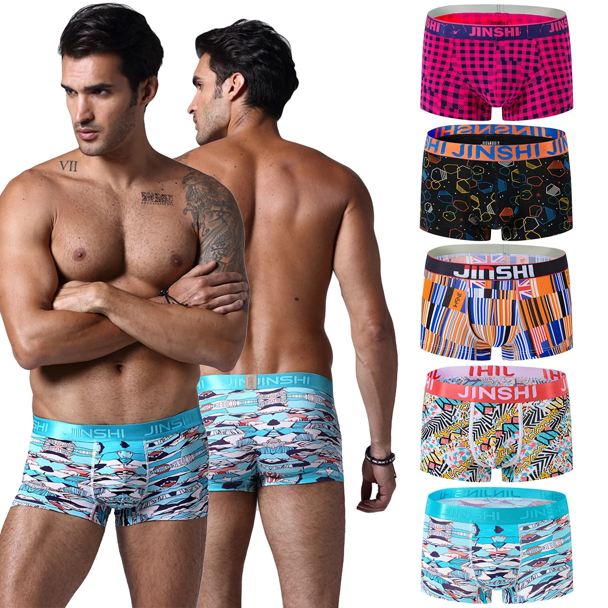 

JINSHI Men Print Short Boxer Bamboo Breathable Soft ForYouth Boxer Briefs Fashion Sexy Male Panties