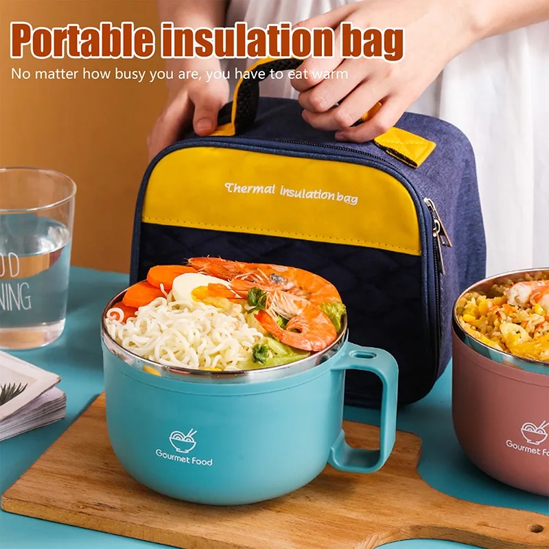 

Stainless Steel Instant Noodle Bowl Bento Lunch Box with Handle Lid Food Storage Container Dish Cup Salad Soup Rice Bowl