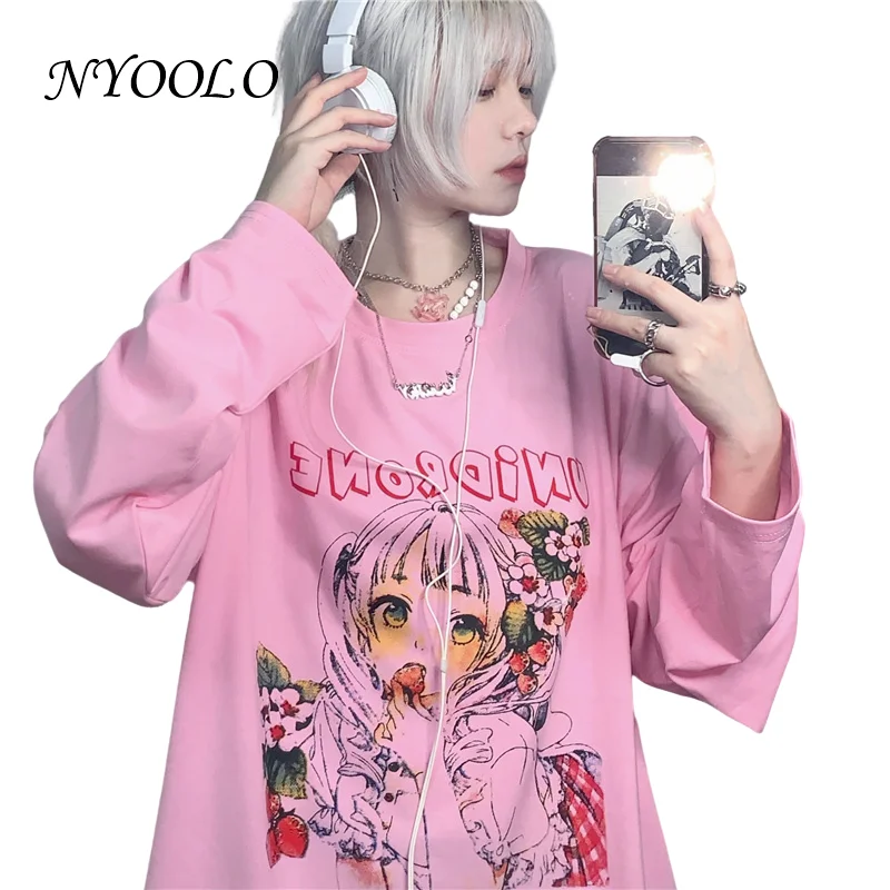 

NYOOLO Harajuku Streetweaar Pink Strawberry Girl Flowers Print Long Sleeve T-Shirt Women Spring Autumn Pullovers Sweet Tops Tee
