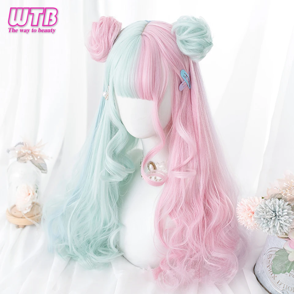 

Long Wavy Synthetic Lolita Cosplay Wig with Bangs Anime Bangs Light Green Ombre Pink Multiple Colour Hair Wigs for Women WTB